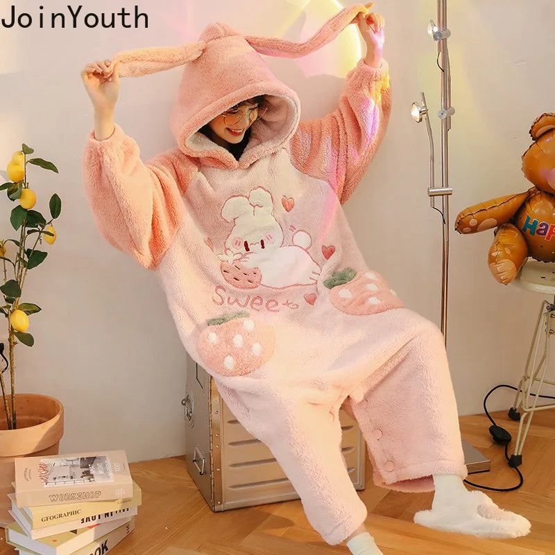 Winter Onsies Pajamas for Woman Cartoon Hooded Sleepewear Casual Fashion Japanese Pijamas Para Parejas Invierno