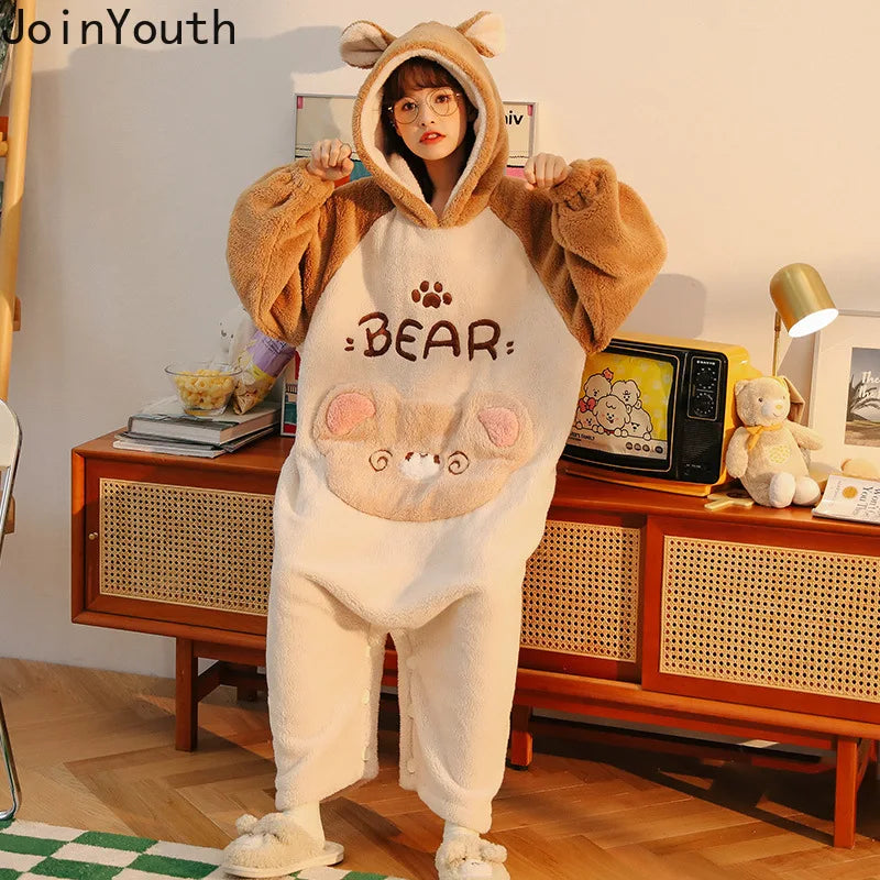 Winter Onsies Pajamas for Woman Cartoon Hooded Sleepewear Casual Fashion Japanese Pijamas Para Parejas Invierno