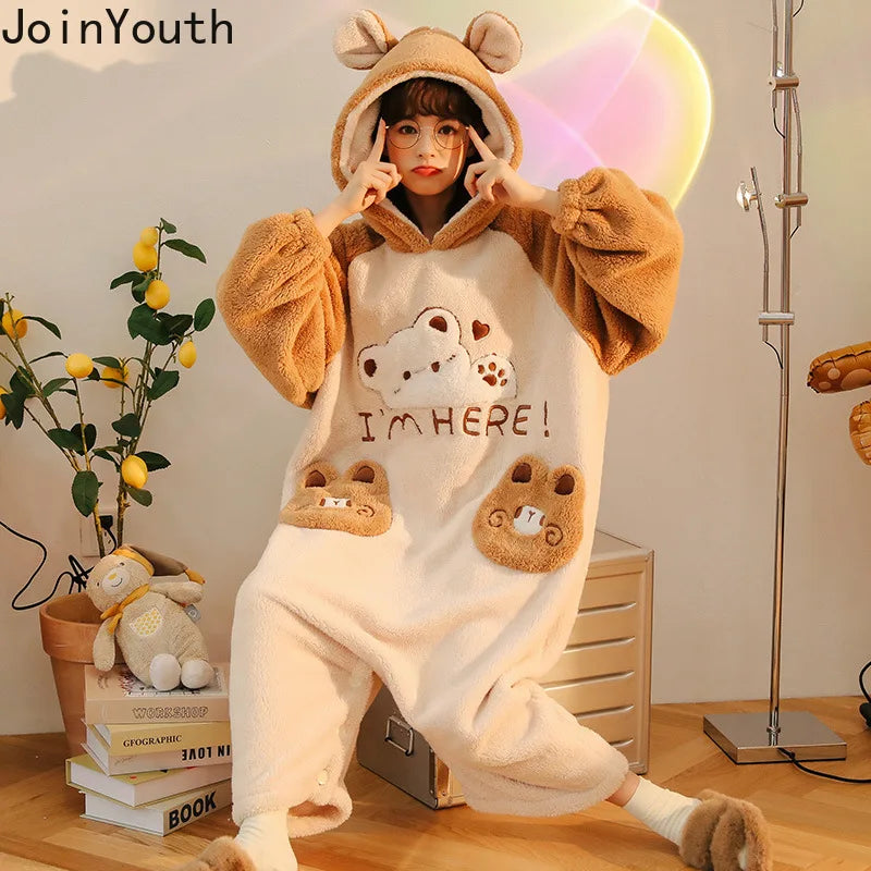 Winter Onsies Pajamas for Woman Cartoon Hooded Sleepewear Casual Fashion Japanese Pijamas Para Parejas Invierno