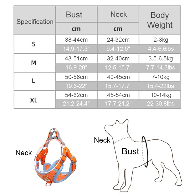 Dog Harness + Leash Set - Reflective/Adjustable Outdoors Harness for Small/Medium Dog - 4 Sizes/6 Colours - Size Chart