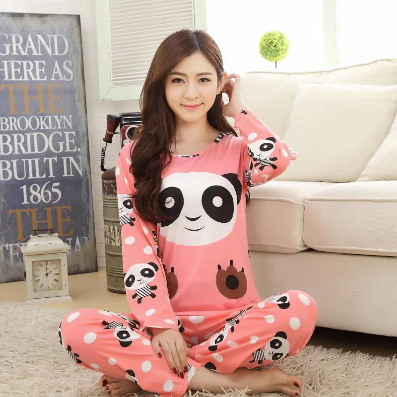 Autumn/Winter Long-Sleeved Women's "Cute and Casual" Cartoon Sleepwear/Loungewear/Pyjamas - Pink/White Pandas - 40622464729186|40622464761954|40622464794722|40622464827490