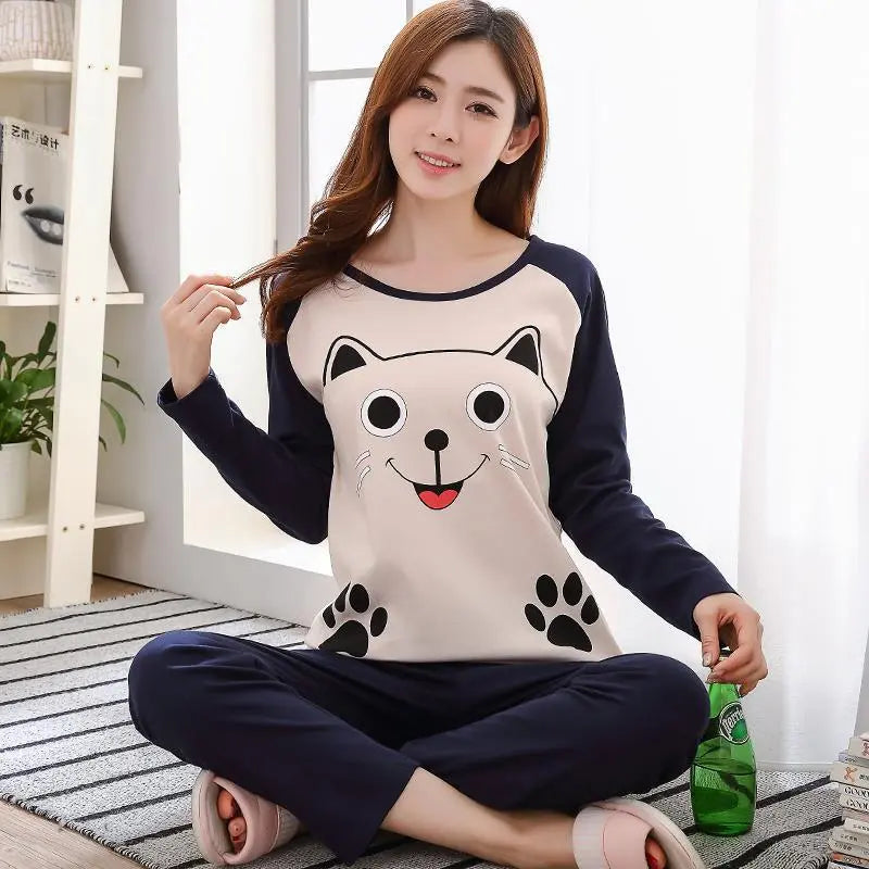 Autumn/Winter Long-Sleeved Women's "Cute and Casual" Cartoon Sleepwear/Loungewear/Pyjamas - Navy/White Smiley Bear - 40622464204898|40622464237666|40622464270434|40622464303202