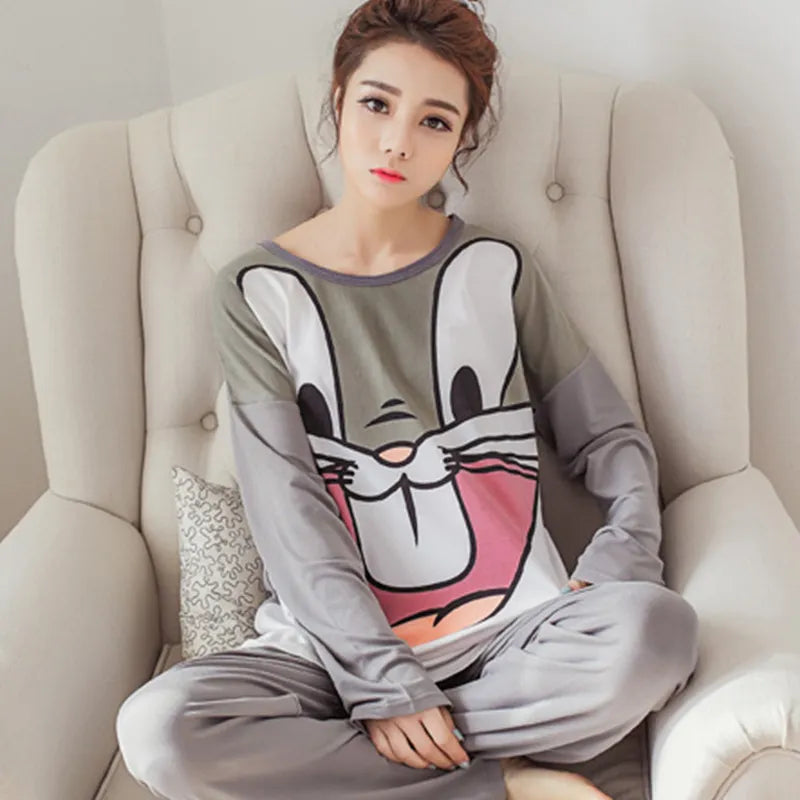 Autumn/Winter Long-Sleeved Women's "Cute and Casual" Cartoon Sleepwear/Loungewear/Pyjamas - Grey Bugs Bunny Face - 40622464598114|40622464630882|40622464663650|40622464696418