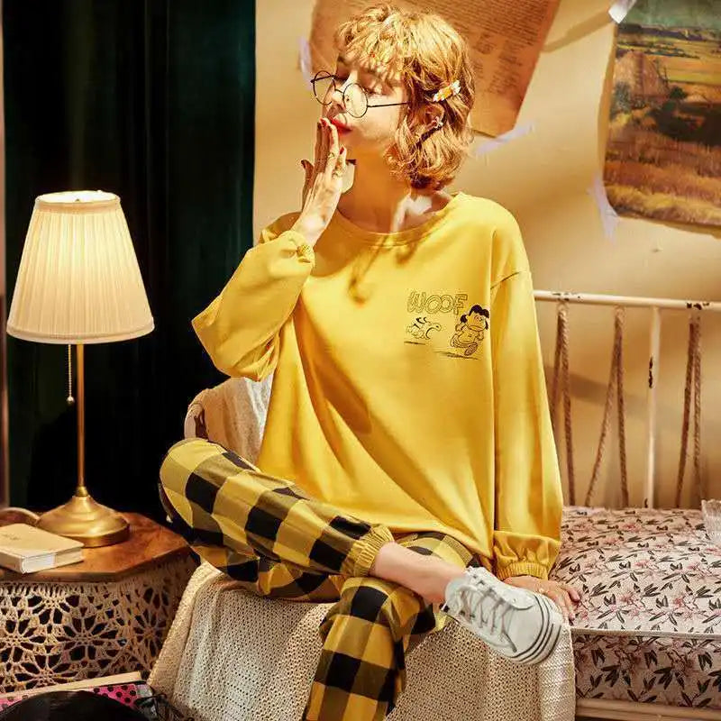 Large Size Pajamas Women Spring Autumn New Long-Sleeved Printed Sleepwear Girl Cute Cartoon Sleep Tops Casual Home Clothes Suit