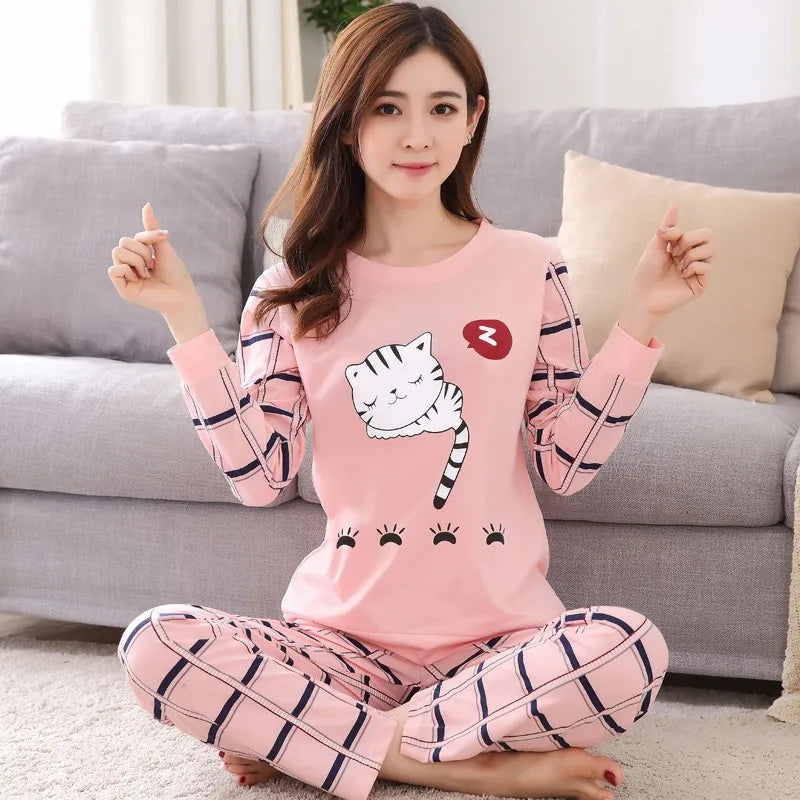 Autumn/Winter Long-Sleeved Women's "Cute and Casual" Cartoon Sleepwear/Loungewear/Pyjamas - Pink Sleeping Cat - 40622464335970|40622464368738|40622464401506|40622464434274