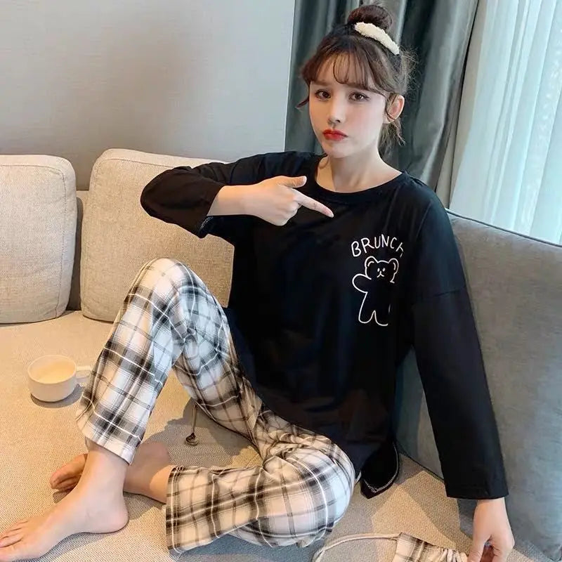 Large Size Pajamas Women Spring Autumn New Long-Sleeved Printed Sleepwear Girl Cute Cartoon Sleep Tops Casual Home Clothes Suit