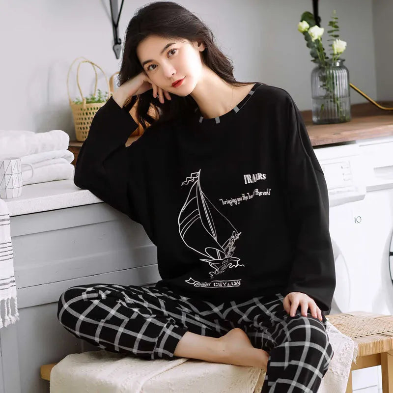 Large Size Pajamas Women Spring Autumn New Long-Sleeved Printed Sleepwear Girl Cute Cartoon Sleep Tops Casual Home Clothes Suit