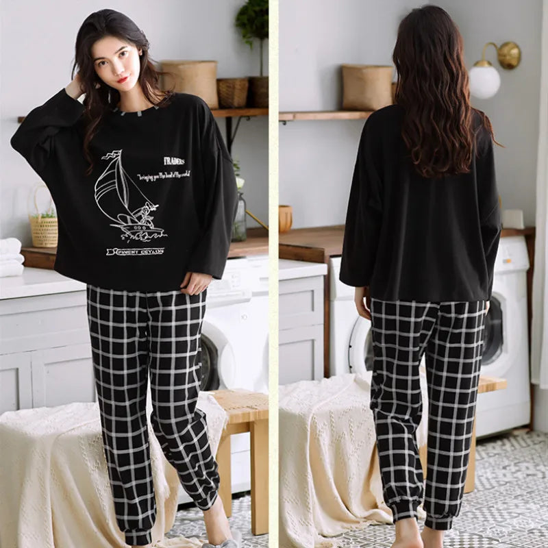 Large Size Pajamas Women Spring Autumn New Long-Sleeved Printed Sleepwear Girl Cute Cartoon Sleep Tops Casual Home Clothes Suit