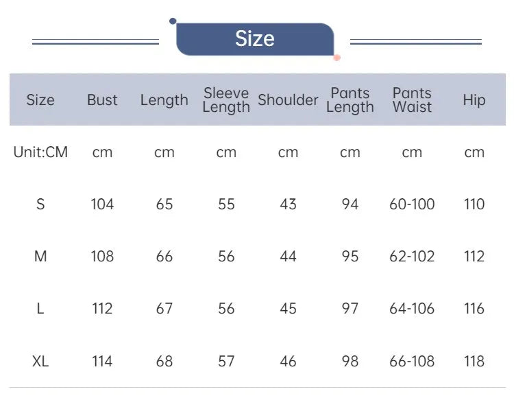 Size Chart - Spring/Autumn/All Year Silk-Satin Pyjama Set - 2-Piece Long Sleeve Tops and Trousers - Sleepwear/Loungewear