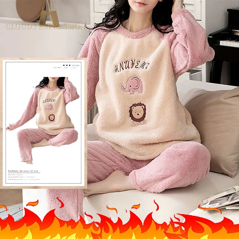 Autumn/Winter Women's/Girl's Pyjama Sets - Polka Dots/Printed Teddy - Sleepwear/Loungewear/Pyjamas - Pink/Lion Pic