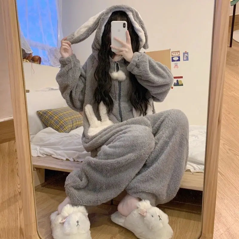 Bunny Hooded Onesies Women Kigurumi Pajamas Cute Pijama Winter Warm Sleepwear Kawaii Female Nightwear Pyjamas Jumpsuit