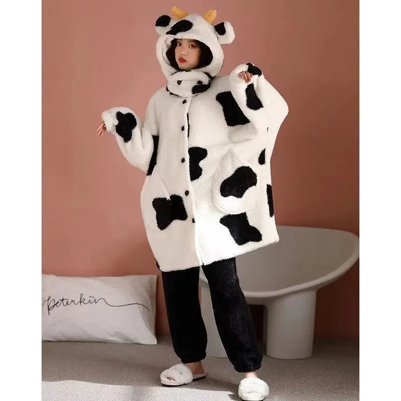 "B/W Cow Pattern" - Women's 2-Piece Fleece Pyjamas/Sleepwear/Loungewear for Winter/Autumn - 40622425997410|40622426062946|40622426161250|40622426226786