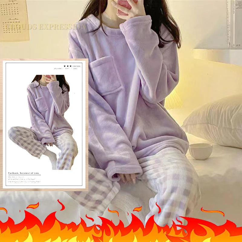 Autumn/Winter Women's/Girl's Pyjama Sets - Polka Dots/Printed Teddy - Sleepwear/Loungewear/Pyjamas - Pale Purple/Check