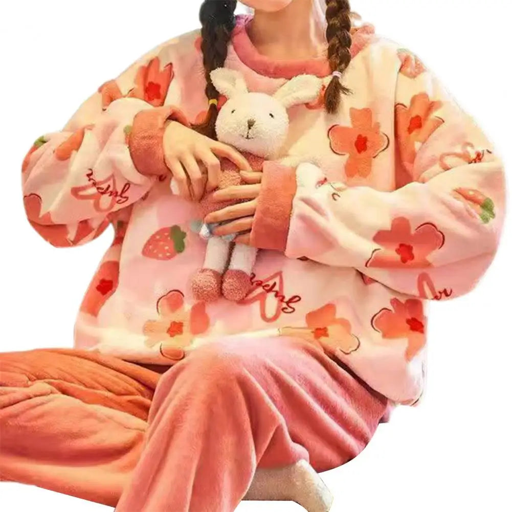 Pyjamas Sets - Warm Thick/Velvety, Flannel, Long Sleeve, Cartoon, Loungewear/Sleepwear - Hot Pink