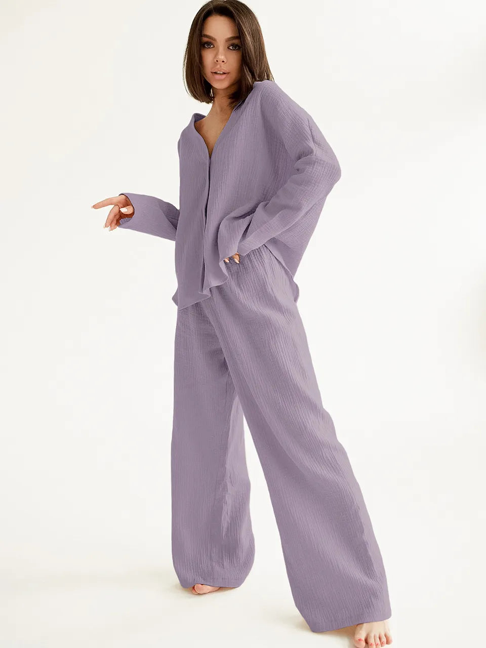 Linad Khaki Pure Cotton Sleepwear V Neck Single Breasted Wide Leg Pants Trouser Suits Drop Sleeves Set Woman 2 Pieces Loungewear