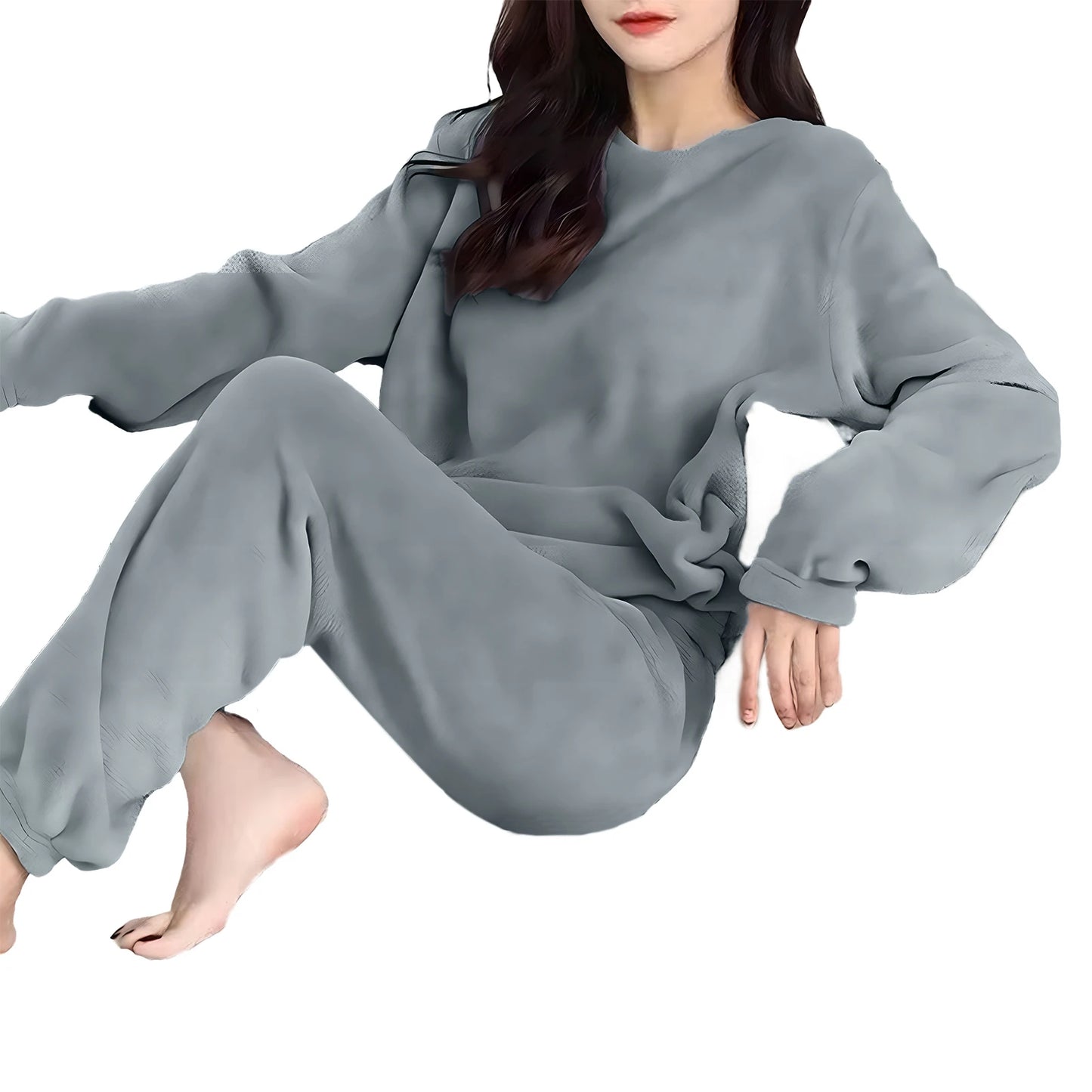 Pyjamas Sets - Warm Thick/Velvety, Flannel, Long Sleeve, Cartoon, Loungewear/Sleepwear - Grey Blue