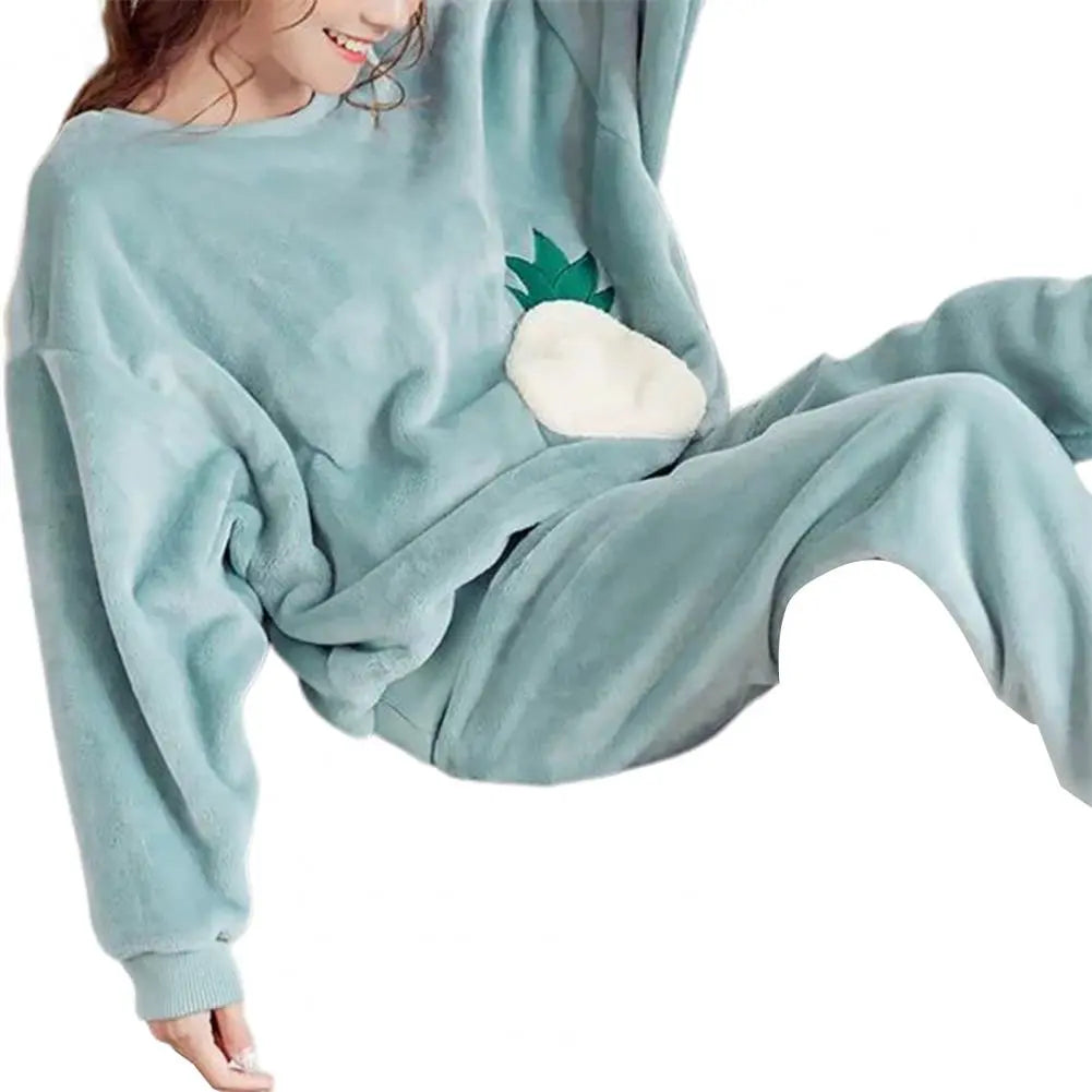 Pyjamas Sets - Warm Thick/Velvety, Flannel, Long Sleeve, Cartoon, Loungewear/Sleepwear - Green