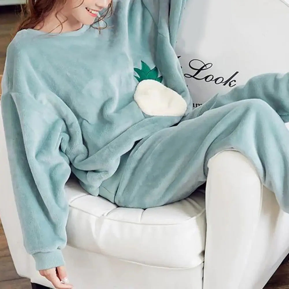 Pyjamas Sets - Warm Thick/Velvety, Flannel, Long Sleeve, Cartoon, Loungewear/Sleepwear - Green