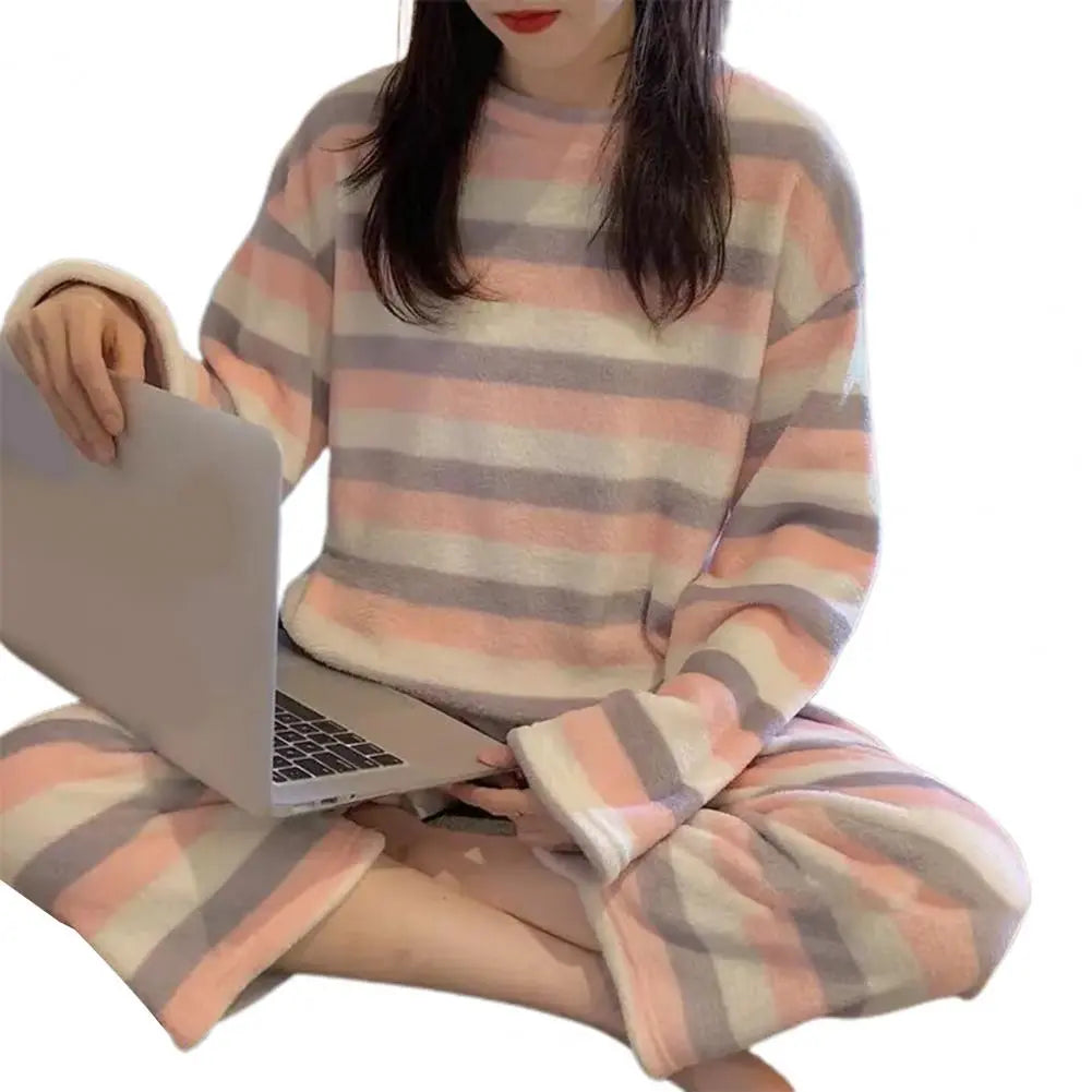 Pyjamas Sets - Warm Thick/Velvety, Flannel, Long Sleeve, Cartoon, Loungewear/Sleepwear  - Multicolour Stripey