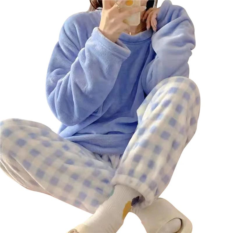Autumn/Winter Women's/Girl's Pyjama Sets - Polka Dots/Printed Teddy - Sleepwear/Loungewear/Pyjamas - Blue/Check