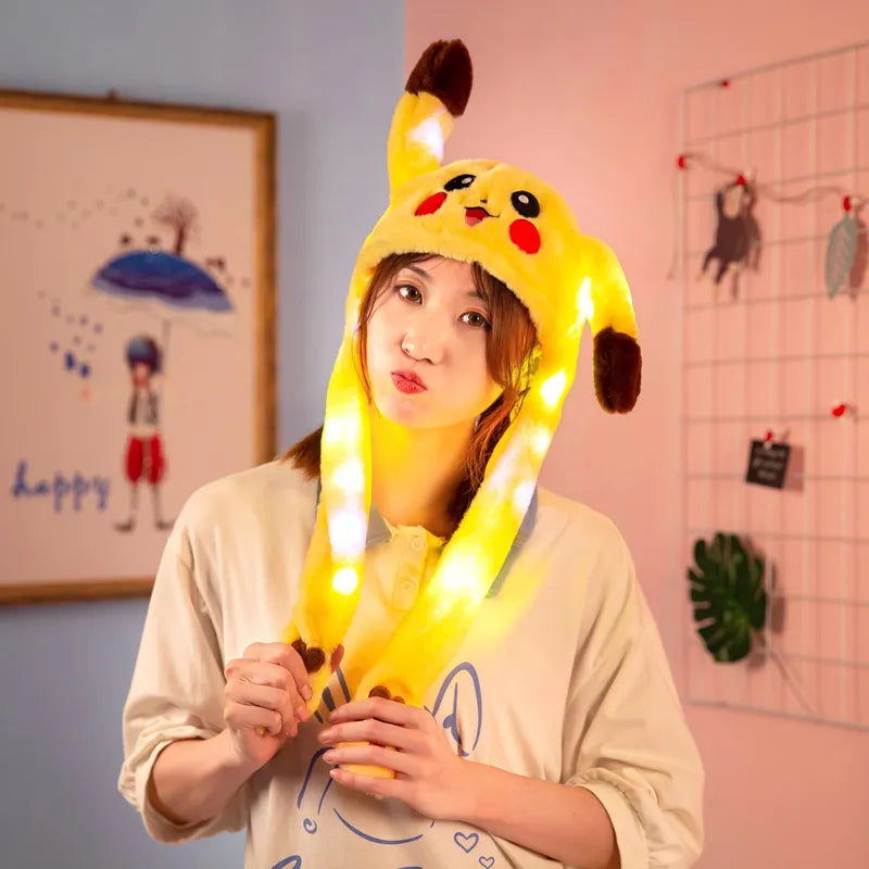 Pokemon Cartoon Glowing Hat Cute Pikachu Children Plush Bunny Hat Cute Pet Bunny Ears Will Move Headband Girl New Year Gift New