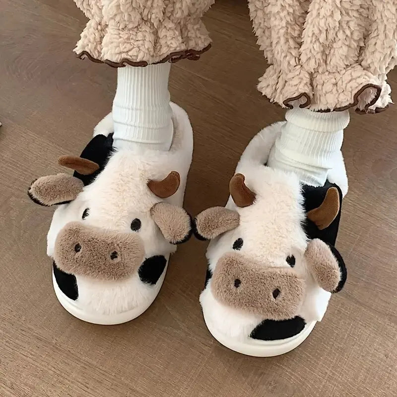 Women's Cartoon Cute Cow House Slippers Warm Plus Lined Closed Toe Fuzzy Home Slides Women's Fluffy Comfy Shoes Winter Autumn