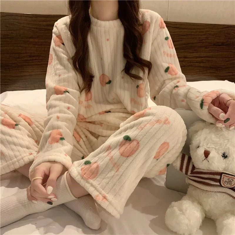 Autumn/Winter "Kawaii Coral Velvet" - 2-Piece Pyjamas/Loungewear - Beige - 40622417772642