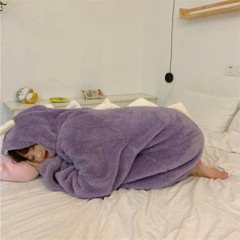 Kawaii Dinosaur Long Pajamas Robe Women Homewear Winter Lounge Wear Warm Fluffy Hooded Cute Cartoon Pajama Girls INS Hotselling