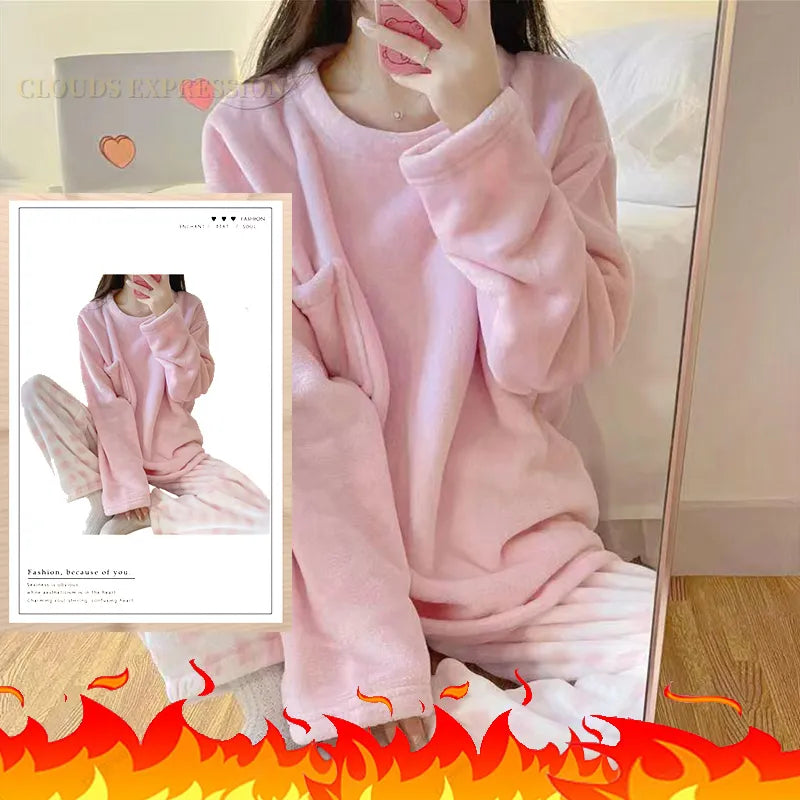 Autumn/Winter Women's/Girl's Pyjama Sets - Polka Dots/Printed Teddy - Sleepwear/Loungewear/Pyjamas - Pink/White