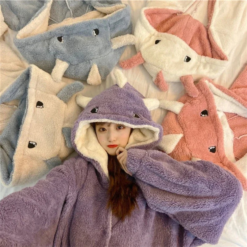 Kawaii Dinosaur Long Pajamas Robe Women Homewear Winter Lounge Wear Warm Fluffy Hooded Cute Cartoon Pajama Girls INS Hotselling