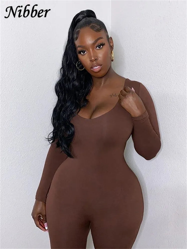 Nibber Basic Bodycon Jumpsuit For Women‘s Clothing Casual Brown Fitness Rompers 2023 Y2K Playsuit Activity Streetwear Overalls