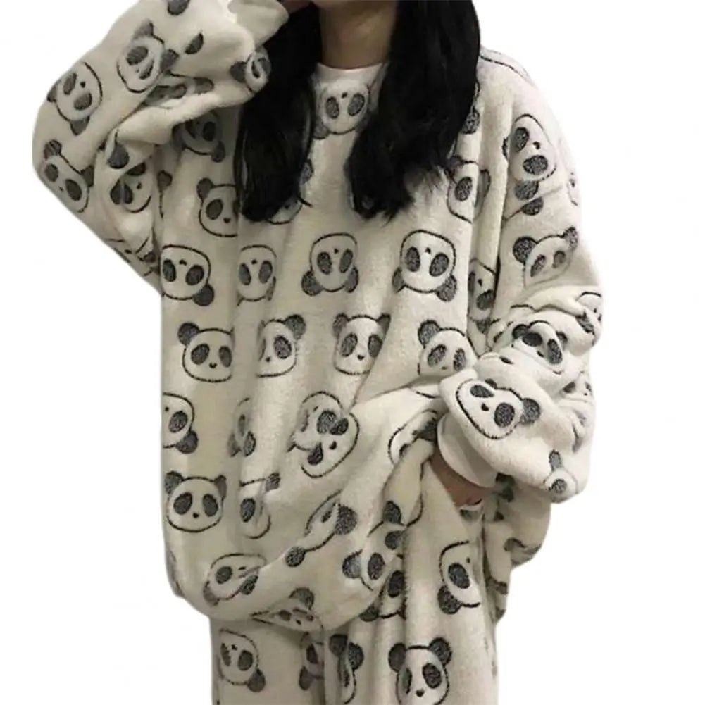Pyjamas Sets - Warm Thick/Velvety, Flannel, Long Sleeve, Cartoon, Loungewear/Sleepwear - Panda Heads