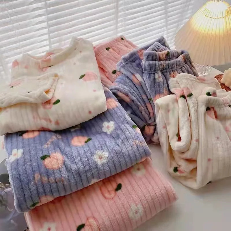 Autumn/Winter "Kawaii Coral Velvet" - 2-Piece Pyjamas/Loungewear - Blue, Beige, Pink