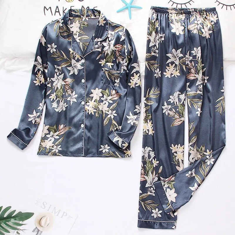 Spring/Autumn/All Year Silk-Satin Pyjama Set - 2-Piece Long Sleeve Tops and Trousers - Sleepwear/Loungewear