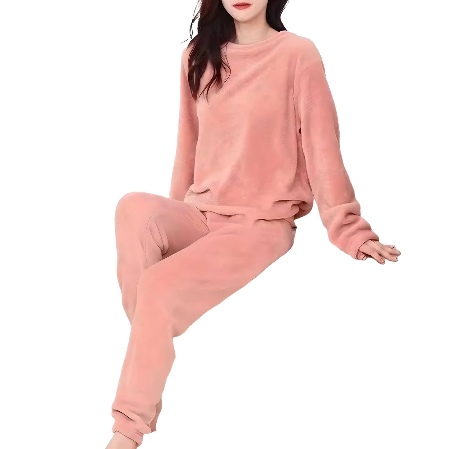 Pyjamas Sets - Warm Thick/Velvety, Flannel, Long Sleeve, Cartoon, Loungewear/Sleepwear - Light Pink