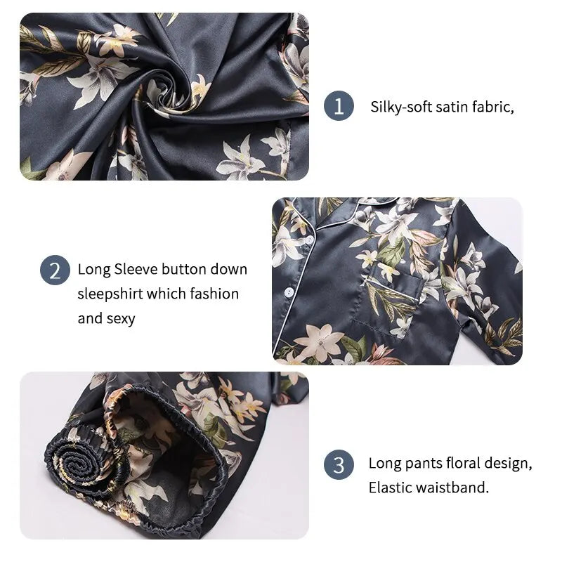Spring/Autumn/All Year Silk-Satin Pyjama Set - 2-Piece Long Sleeve Tops and Trousers - Sleepwear/Loungewear - Details