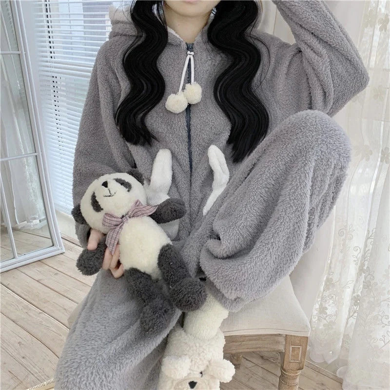 Bunny Hooded Onesies Women Kigurumi Pajamas Cute Pijama Winter Warm Sleepwear Kawaii Female Nightwear Pyjamas Jumpsuit