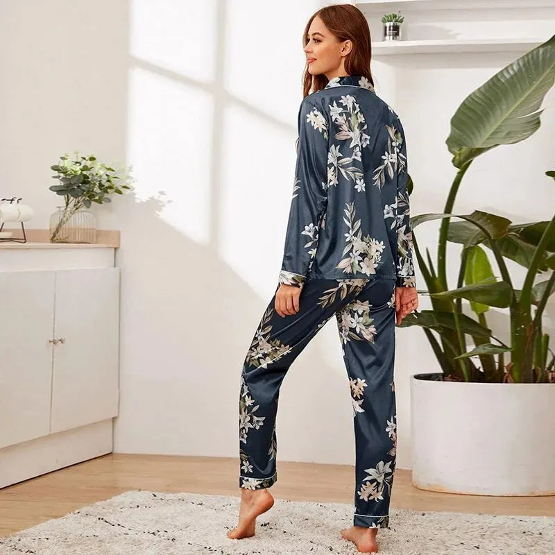 Spring/Autumn/All Year Silk-Satin Pyjama Set - 2-Piece Long Sleeve Tops and Trousers - Sleepwear/Loungewear