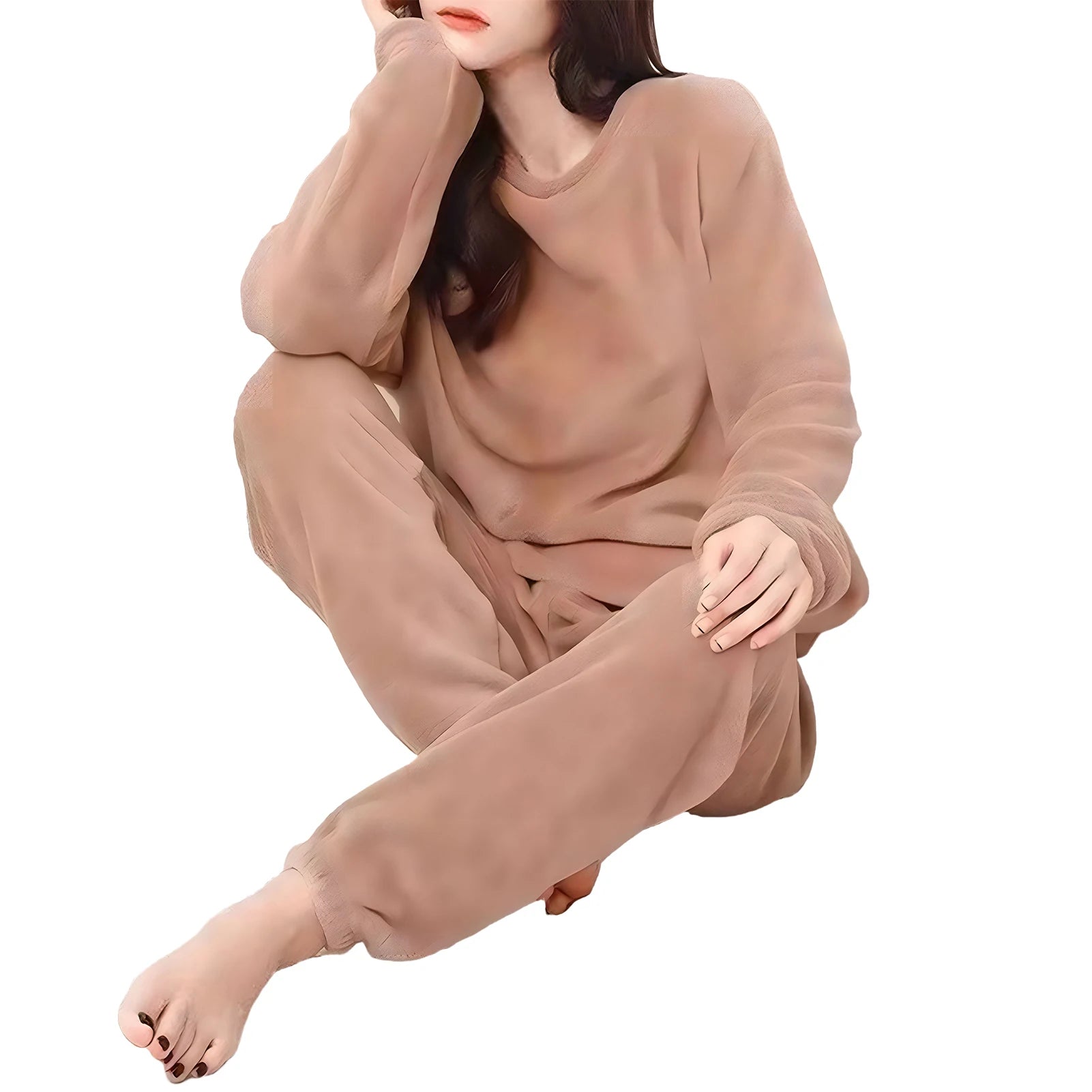 Pyjamas Sets - Warm Thick/Velvety, Flannel, Long Sleeve, Cartoon, Loungewear/Sleepwear - Coffee 1