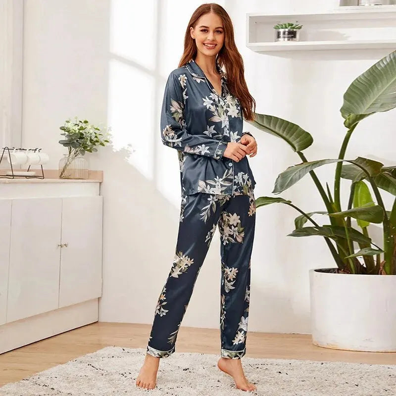 Spring/Autumn/All Year Silk-Satin Pyjama Set - 2-Piece Long Sleeve Tops and Trousers - Sleepwear/Loungewear