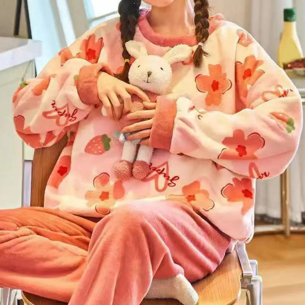 Pyjamas Sets - Warm Thick/Velvety, Flannel, Long Sleeve, Cartoon, Loungewear/Sleepwear - Hot Pink