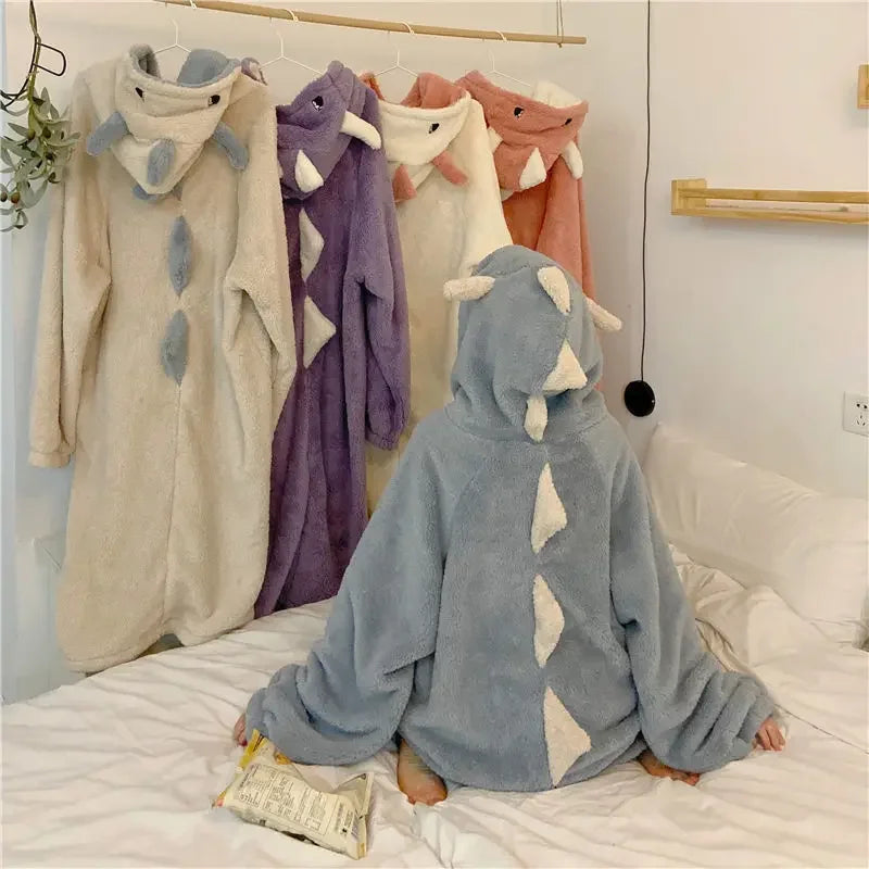 Kawaii Dinosaur Long Pajamas Robe Women Homewear Winter Lounge Wear Warm Fluffy Hooded Cute Cartoon Pajama Girls INS Hotselling