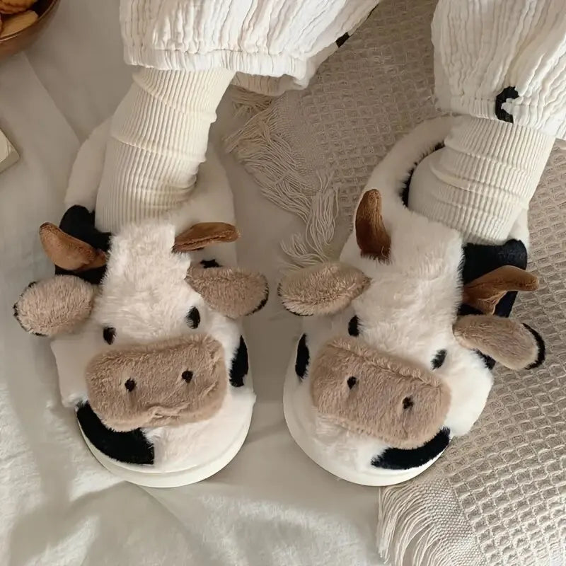 Women's Cartoon Cute Cow House Slippers Warm Plus Lined Closed Toe Fuzzy Home Slides Women's Fluffy Comfy Shoes Winter Autumn