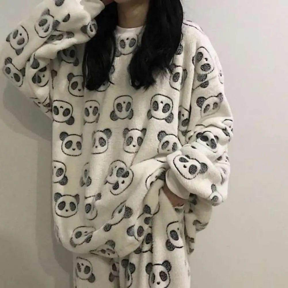 Pyjamas Sets - Warm Thick/Velvety, Flannel, Long Sleeve, Cartoon, Loungewear/Sleepwear - Panda