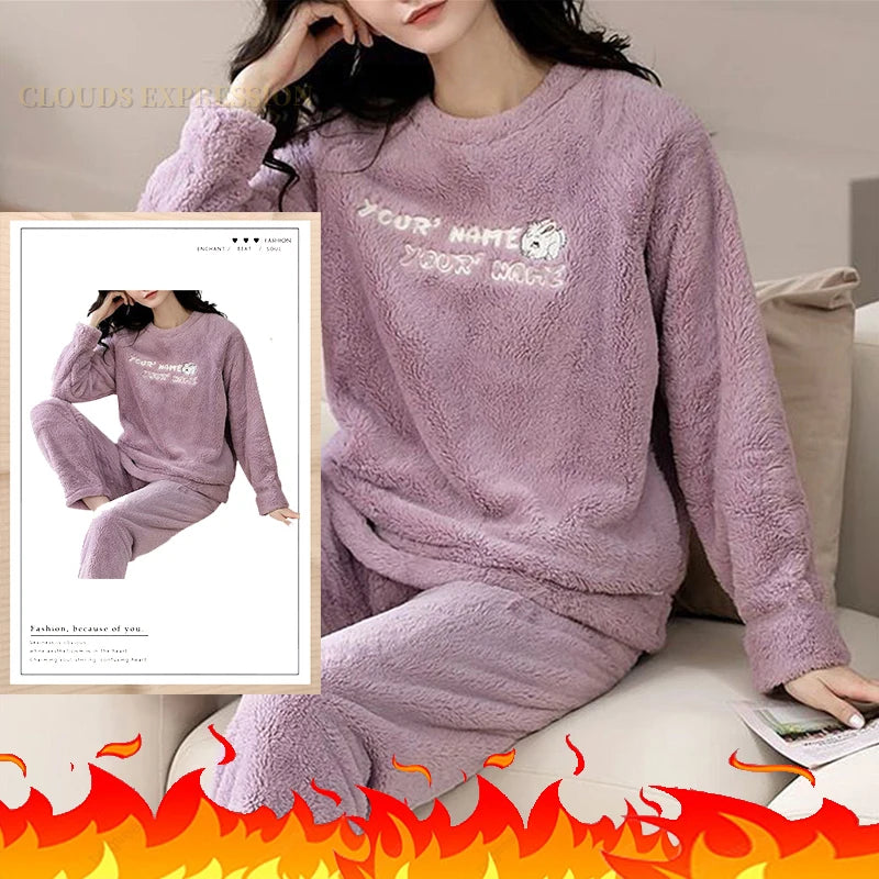Autumn/Winter Women's/Girl's Pyjama Sets - Polka Dots/Printed Teddy - Sleepwear/Loungewear/Pyjamas - Purple/White Writing