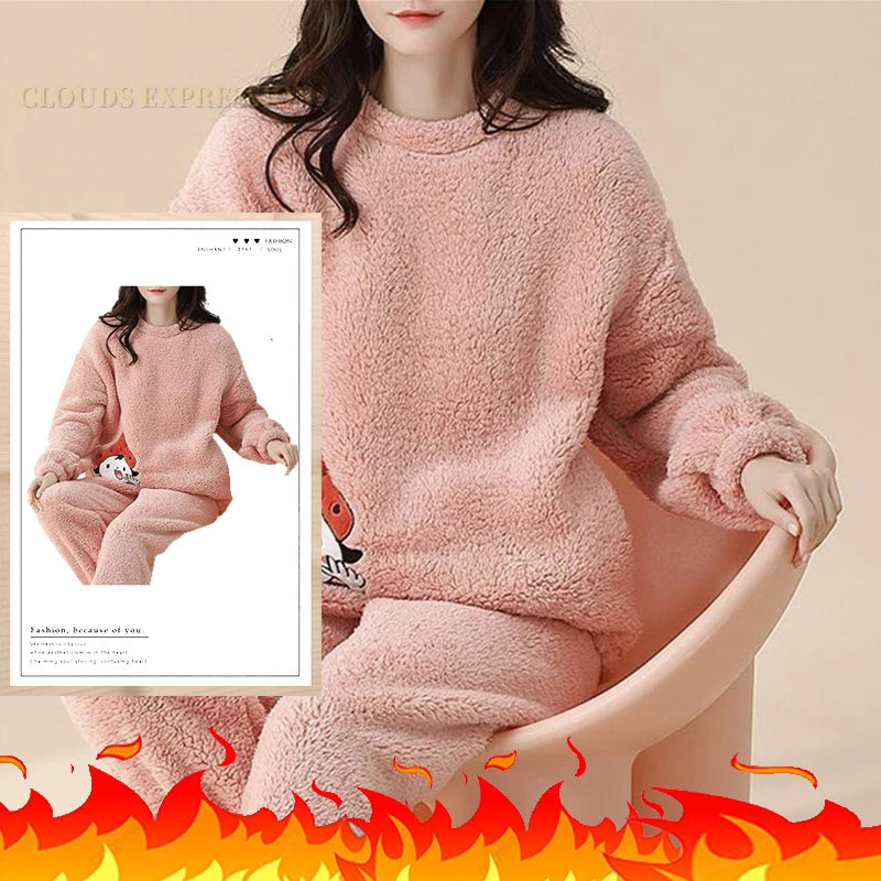 Autumn/Winter Women's/Girl's Pyjama Sets - Polka Dots/Printed Teddy - Sleepwear/Loungewear/Pyjamas - Pink
