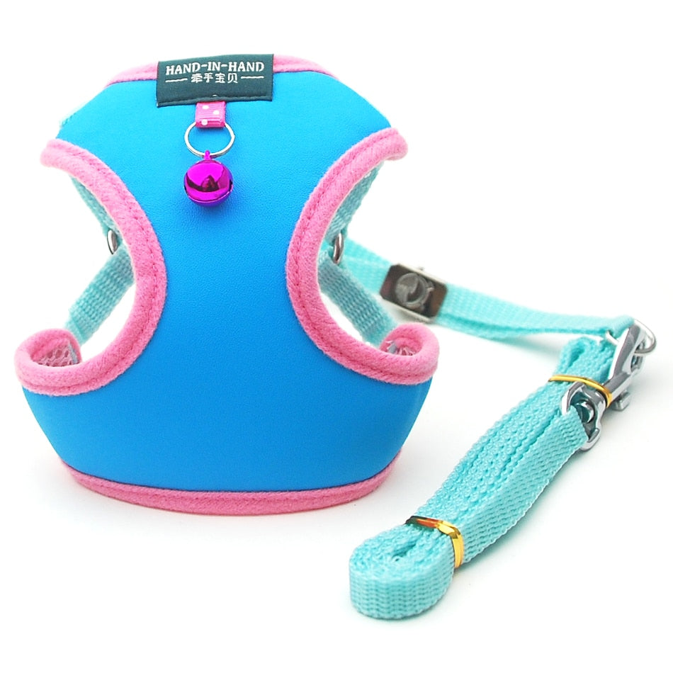 Colourful, Adjustable Harness with Lead and Bell attached - for Small to Medium-sized Dogs/Cats/Pets - Leather Look/4 Sizes/Blue-Pink