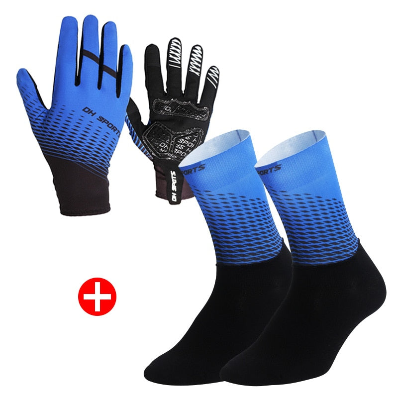 Sports Bicycle Set - 1Pair Half /Full Finger Cycling Gloves plus 1Pair Cycling Socks - Unisex - Blue/Black-3 Sizes