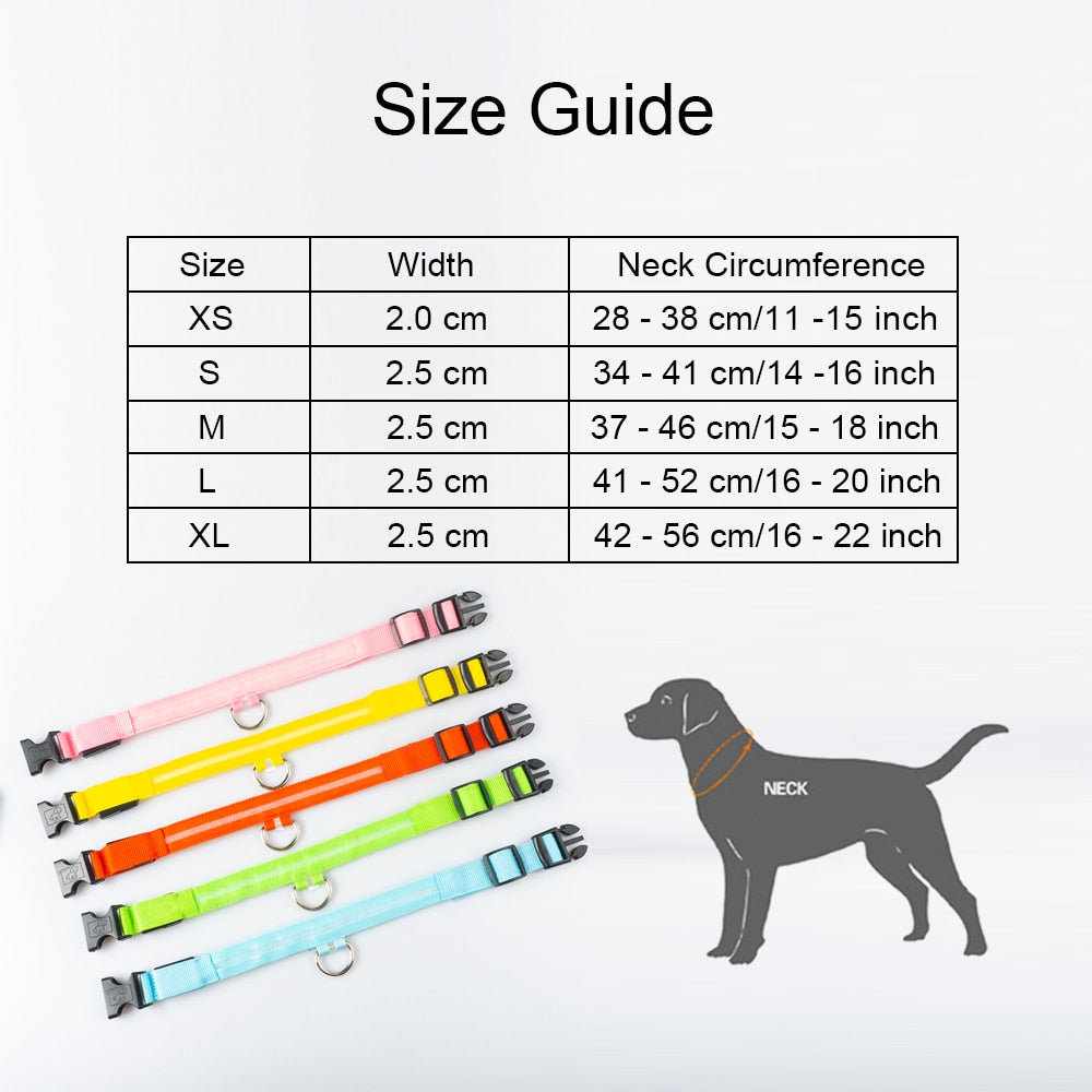 LED "Anti-Lost GLOW" Dog Collar For Dogs and Puppies + USB Charging/Battery Replacement (2) - Size Guide