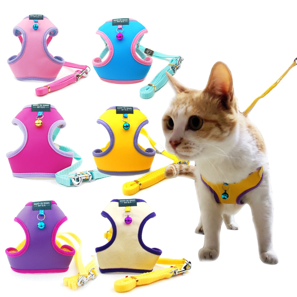 Colourful, Adjustable Harness with Lead and Bell attached - for Small to Medium-sized Dogs/Cats/Pets - Leather Look/4 Sizes/7 Colours
